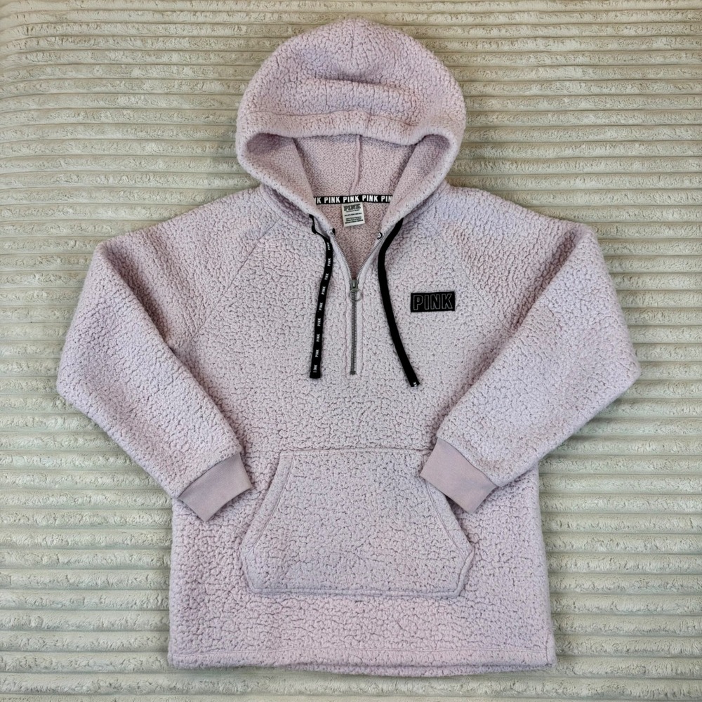 PINK Victoria's Secret Women's XS Pullover Hoodie Teddy Sherpa Pink Sweatshirt‎
